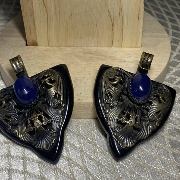 Vintage 1965–75 Nepal/India Bronze & Ebonite Pendants w/ Blue Galalith Cabochon - Picture 9 of 10